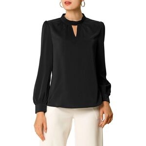Theory Silk Black Keyhole Mock-Neck Long Sleeve Blouse